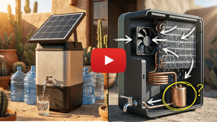 Off-grid water system and cutaway diagram, with video play button